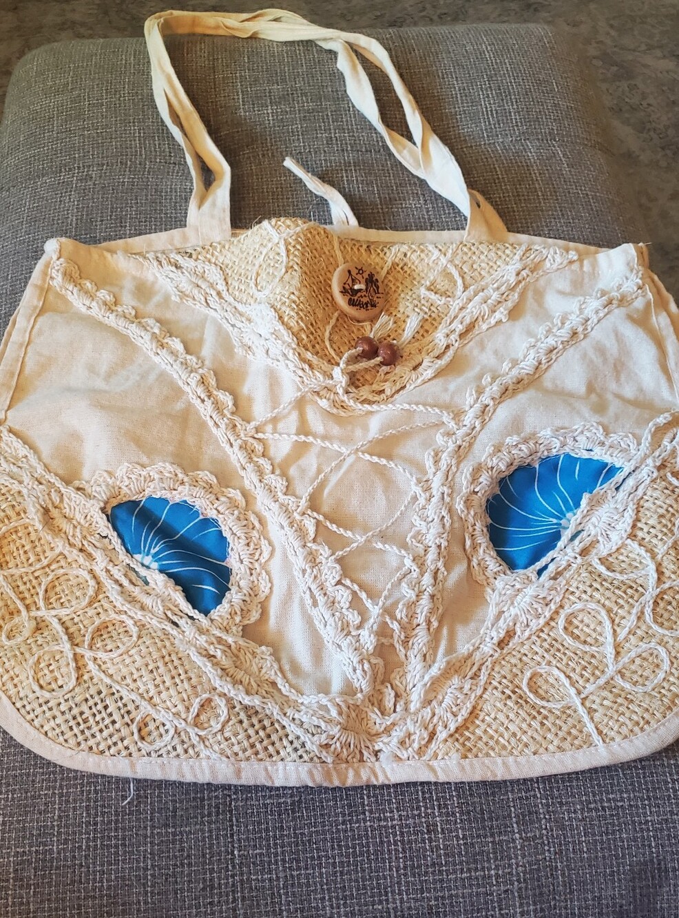 Handcrafted Cream Crochet Tote with Blue Accent Grand Caymen